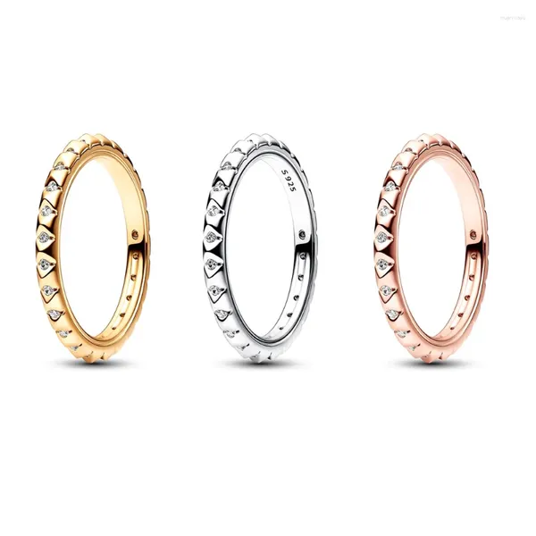 Anillos de racimo Auténtico 925 Plata esterlina Rosa Golden Shine Me Pirámides Anillo con cristal para mujeres Regalo Joyería de moda