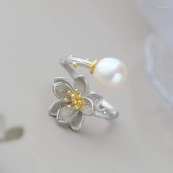 Bagues de cluster Authentique 925 Sterling Silver Fleur de lotus incrustée d'eau douce naturelle baroque perle bague femmes style tendance bijoux cadeau