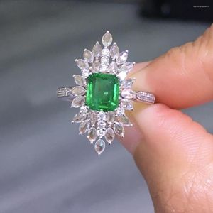 Anneaux de cluster AZJ Pur 18K Or Blanc Bijoux Nature 1.33ct Vert Émeraude Pierres Précieuses Diamant Femelle Pour Femmes Bague Fine