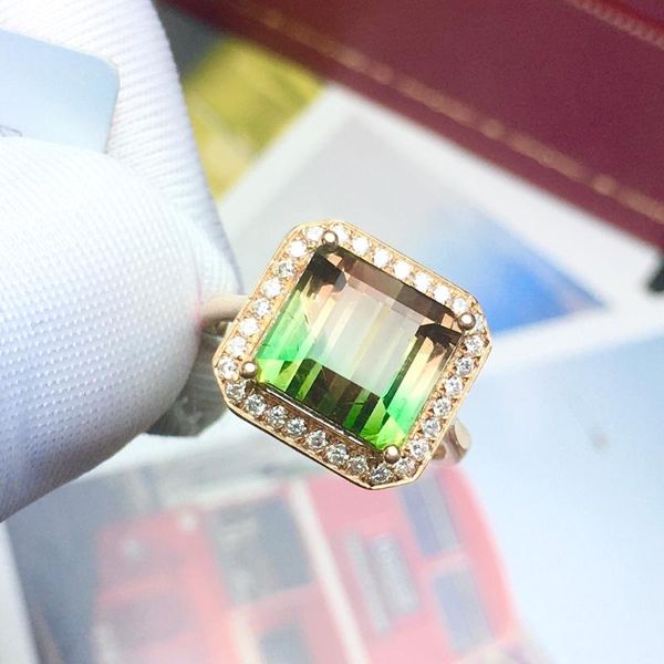 Bagues de cluster AZJ Tourmaline Bague Pure 18K Or Pastèque Naturelle 5.3ct Pierre Précieuse Femelle Pour Femmes Fine