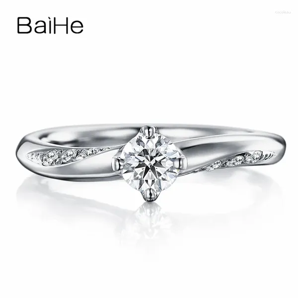 Cluster Anneaux Baihe Solid 18K Or blanc 0.20Ct FG / SI Round Natural Diamond Ring Men Femmes Engagement