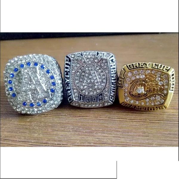 Anillos de racimo Juegos de pelota Toronto Argonaut Aleación Diamante Campeón Anillo Masculino Fan Traje Tamaño 11 3 Piezas Joyería de entrega de gota DH63H