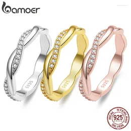 Clusterringen Bamoer 925 Sterling Silver Simple Twisted Ring 14k Gold Plated Cubic Zirconia Eeuwigheid Band voor vrouwen 3 kleuren BSR248