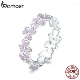 Bagues de cluster Bamoer 925 Sterling Silver Lucky Purple Flower Clover Belle bague pour femmes Fine Bijoux Anniversaire Anniversaire Cadeau Fête