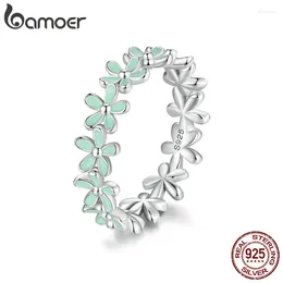 Bagues de cluster Bamoer 925 Sterling Argent Couronne Verte Bague Émail Fleur Pour Les Femmes Cadeau De Saint Valentin Romantique Fine Bijoux