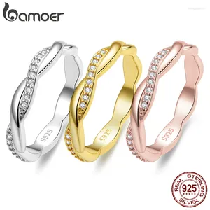 Cluster Anneaux Bamoer 925 STERLING Silver Simple Twisted Twisted Ring 14K Gold Plated Zirconia Eternity Band Fomen Women 3 Colors BSR248