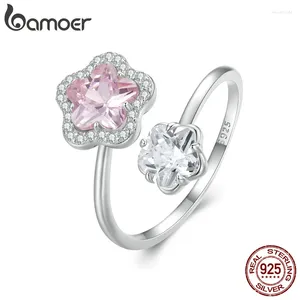 Anillos de racimo Bamoer 925 plata esterlina deslumbrante anillo de apertura de flor rosa lindas flores de cerezo ajustable para mujeres regalo del día de San Valentín