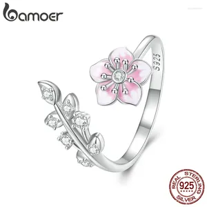 Bagues de cluster Bamoer 925 Sterling Silver Rose Cherry Blossom Ouverture Bague Émail Fleur Réglable Pour Femmes Pave Réglage CZ Fine Bijoux