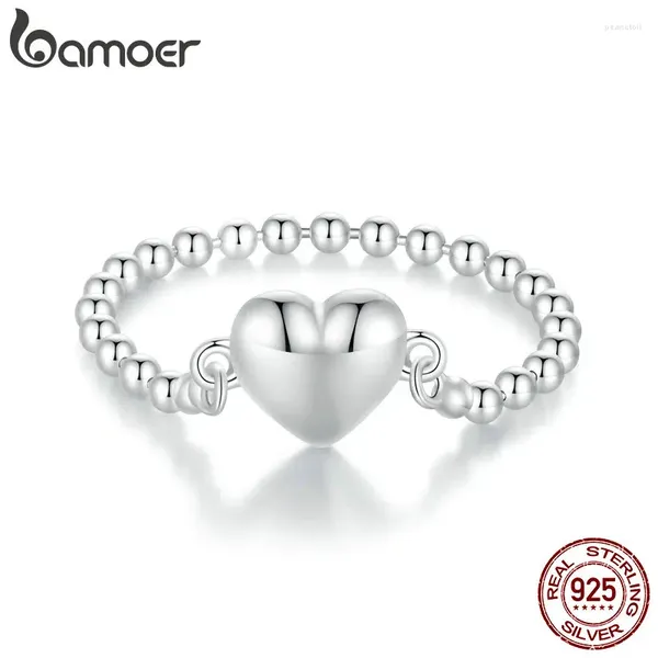 Bagues de cluster Bamoer 925 Sterling Silver Heart Bague Chaîne de perles Design original Bijoux fins Cadeau pour les femmes Party BSR488