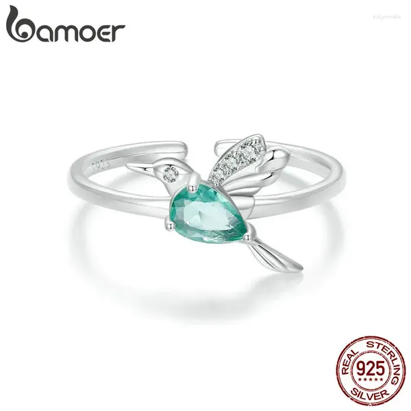 Anillos de racimo Bamoer 925 Plata esterlina Colibrí Anillo de apertura Gota Cristal Pájaro para mujeres Joyería de la suerte Regalo de boda Cumpleaños