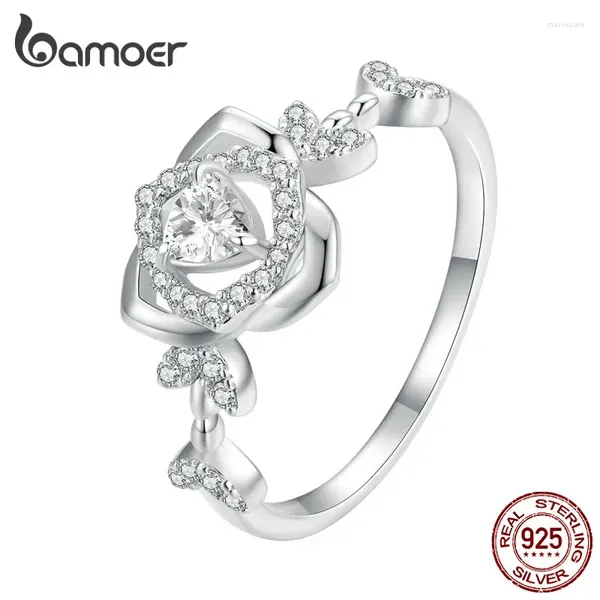 Cluster Anneaux Bamoer 925 STERLING Silver Luxury Rose Zircon plaquée Platinum For Women Lady Flower Ring Wedd