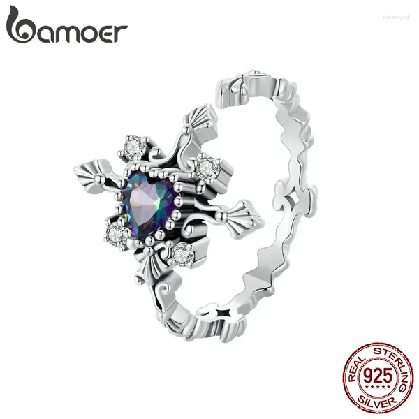 Bagues de cluster Bamoer 925 Sterling Silver Cross Bague Coloré Coeur Zircon Vintage Floral Pour Femmes Anniversaire Fête Cadeau Fine Bijoux