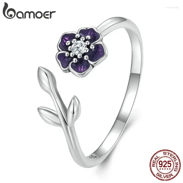 Cluster Anneaux Bamoer 925 STERLING Silver ENAMEL PURPLE FLOOR RING RÉGLABLE ZIRCON OUVERT POUR FEMMES FEMMES BILAND FINE BIELRY BSR394