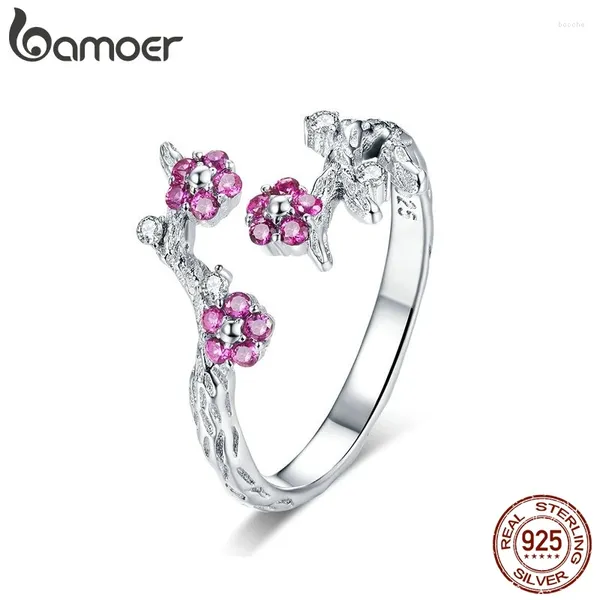 Cluster Anneaux Bamoer 925 STERLING Silver Winter Blooming Plum Fleur ouverte pour femmes Bijoux de fiançailles de mariage BSR022