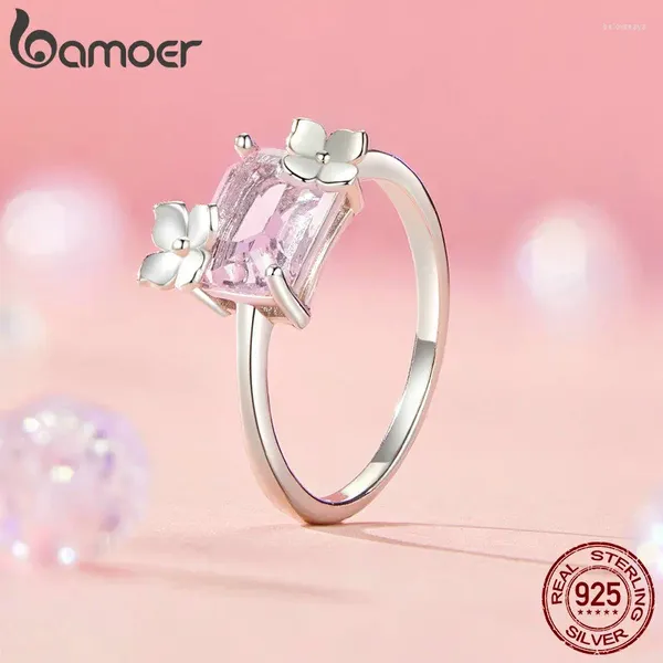 Cluster anneaux Bamoer 925 Anneau de fleur en argent sterling pour les femmes beaux bijoux rose coeur zircon mariage anniversaire de la Saint-Valentin