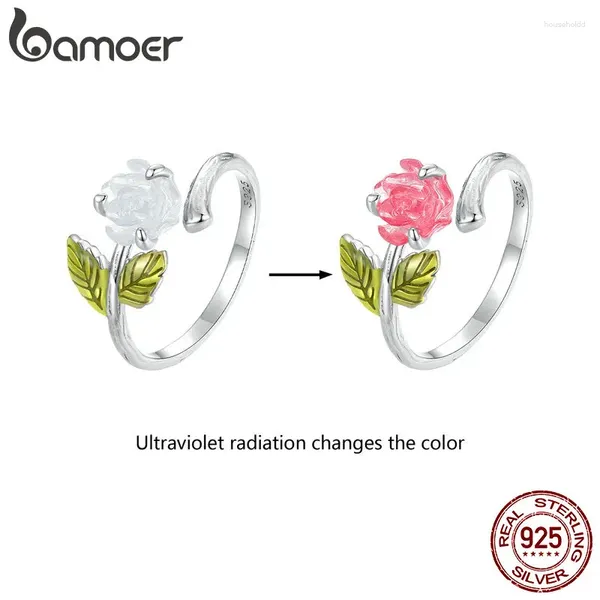 Bagues de cluster Bamoer 925 Sterling Silver Couleur Changeante Rose Ouverture Bague Fleur Réglable Pour Femmes Filles Original Design Fine Bijoux