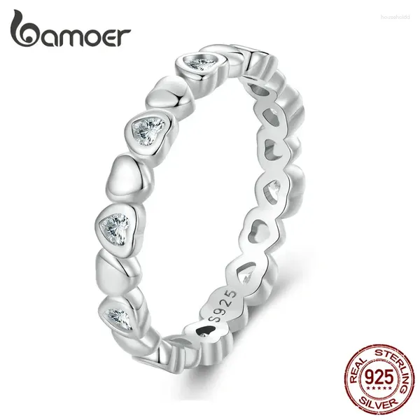 Anillos de racimo Bamoer 925 Plata esterlina Forma de corazón Anillo de dedo de circón Platino plateado para mujeres Día de San Valentín Regalo de cumpleaños Joyería fina