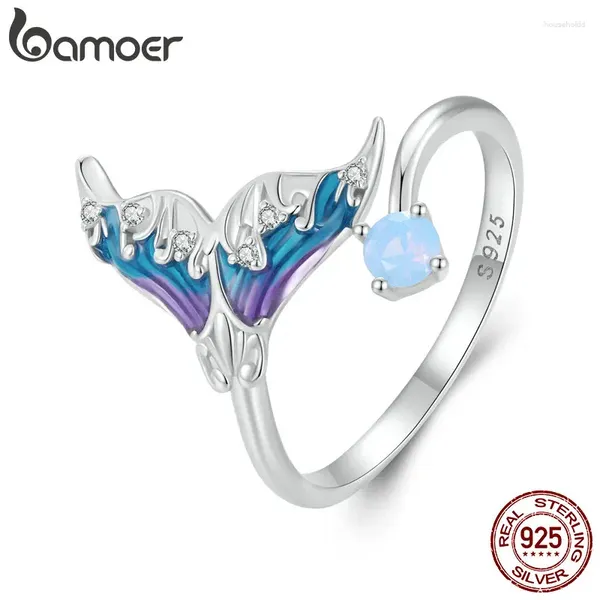 Bagues de cluster Bamoer 925 Sterling Silver Fantasy Mermaid Tail Ouverture Bague Coloré Émail Ajustable Pour Femmes Party Fine Bijoux