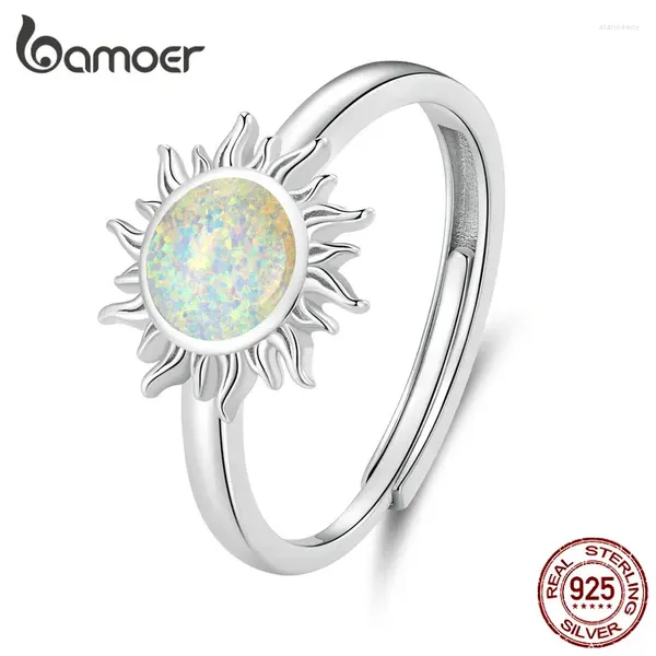 Anillos de racimo Bamoer 925 Sterling Silver Opal Sun Apertura Anillo Apollo Ajustable para mujeres Fiesta Regalo de cumpleaños Joyería fina BSR398