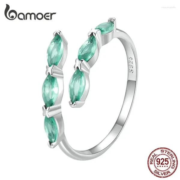 Bagues de cluster Bamoer 925 Sterling Silver Light Green Verre Ouverture Bague Oeil de cheval Bande réglable pour les femmes Party Fine Bijoux Cadeau