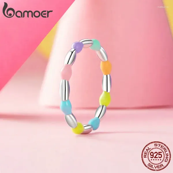 Bagues de cluster Bamoer Véritable 925 Sterling Silver Rainbow Perles Bague pour femmes Design original Fine Party Bijoux Cadeau d'anniversaire