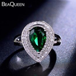 Anneaux de cluster BeaQueen luxe grand cubique zircone cristal pavé vert goutte d'eau bague de fiançailles bijoux de fête de mariage pour les femmes R021