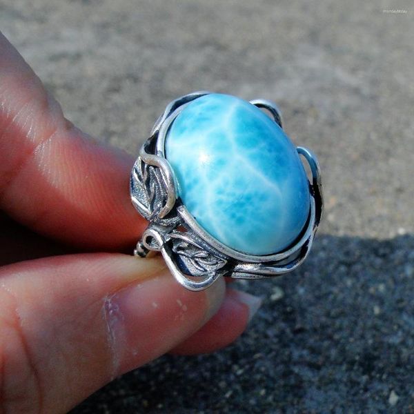 Bagues de Grappe Belle Bague en Argent Sterling 925 Cabochon Gemme Ovale 13x18mm Naturel Larimar Feuille Anneau