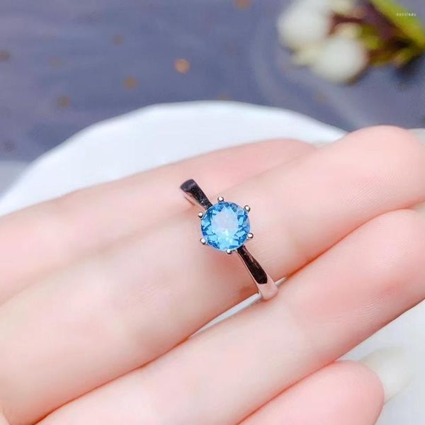 Bagues de grappe belle bague topaze naturelle pour femmes argent bleu océan couleur gemme réel 925 fille cadeau d'anniversaire rond