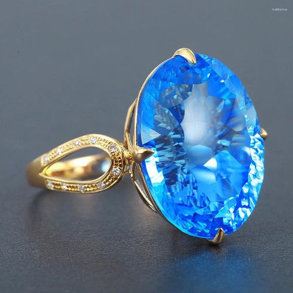 Cluster Anneaux Big 5 S Egg Forme ovale Bleu Crystal Topaz Gemone Diamonds Fomen Femmes 18K Bijoux rempli de bijoux Bijoux Cadeaux accessoires