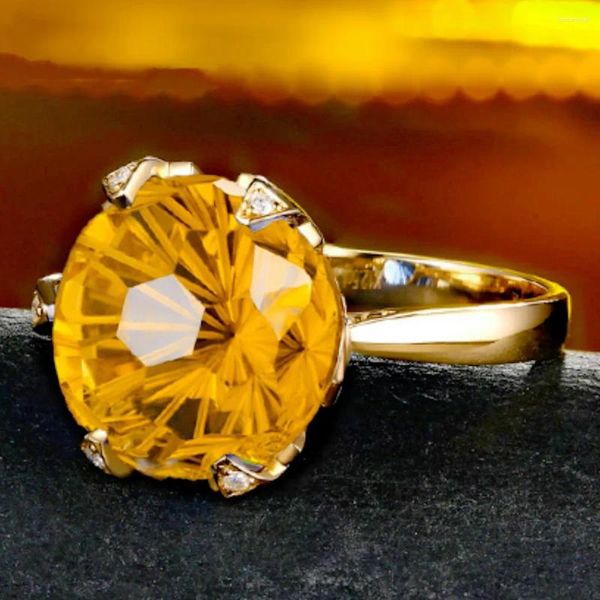 Bagues de cluster Big 5 S Jaune Cristal Citrine Pierres Précieuses 5A Zircon Diamants Fleurs Pour Femmes 18K Or Bandes Remplies Bijoux Cadeaux