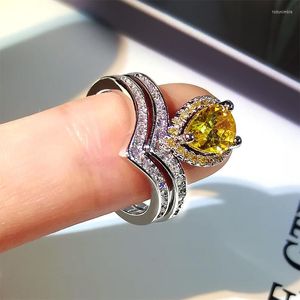 Anillos de racimo Big Bling Yellow Zircon Stone Ring Set para mujer Compromiso de boda Joyería de moda S925 Plata