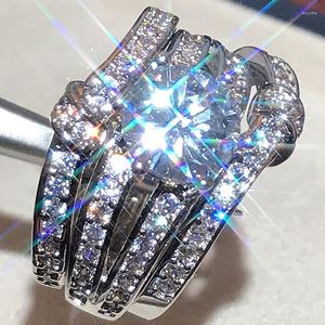 Cluster anneaux grand Bling Zircon pierre couleur argent bague en or ensemble pour les femmes mode bijoux mariage fiançailles 2023