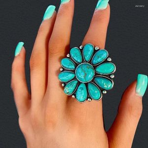 Bagues de cluster Big Blue Stone Flower Round Open Vintage Bohême Ethnique Tribal Exagéré Bague Bijoux Cadeaux En Gros