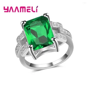 Cluster Ringen Grote Groene Zirconia Stenen Prong Setting Echt 925 Sterling Zilveren Band Sieraden Voor Vrouwen Bruids Bruiloft