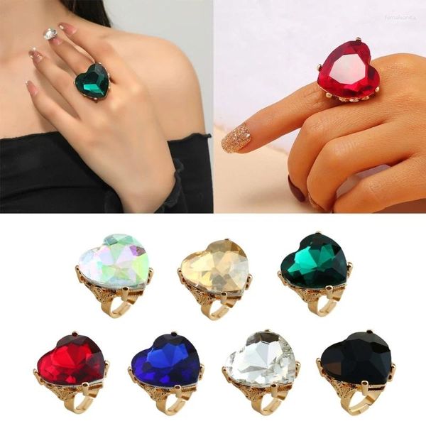 Bagues de cluster Big Heart Love Forme Dating Hip Hop Sweet Zircon Ouvert Doigt réglable pour femmes Filles Bijoux Cadeau