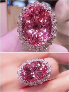 Cluster Anneaux Big Luxury S Pink Crystal Zircon Diamonds Gemone For Women White Gold Silver Color Bijoux Bijoux Bague Cadeaux