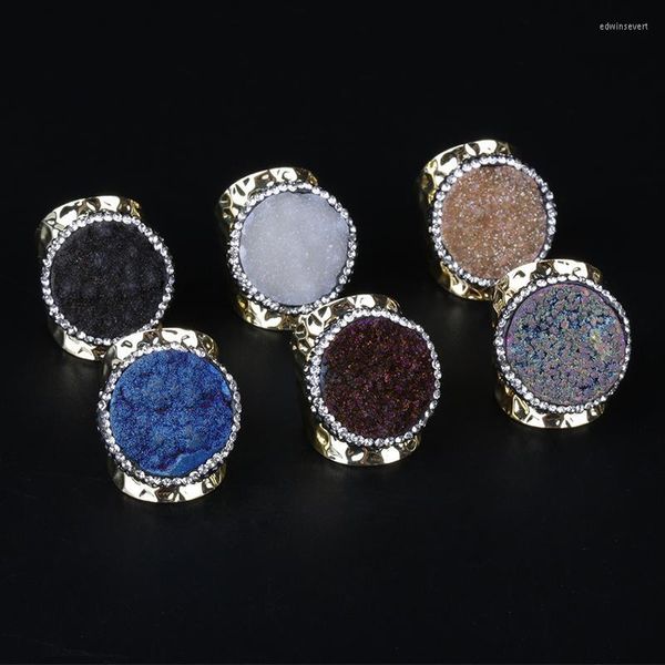 Cluster Rings Big Round Multi Couleurs Rough Druzy Stone Bead Charm Pave Strass Wide Wrap Martelé Or Réglable Manchette Ouverte Pour Femmes Edw