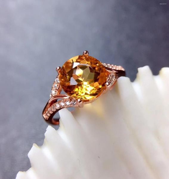 Bagues de cluster Big Vente Attrayant Femmes Bague Jaune Citrine Argent Bijoux 925 Sterling Forme Ronde Fête Anniversaire Cadeau