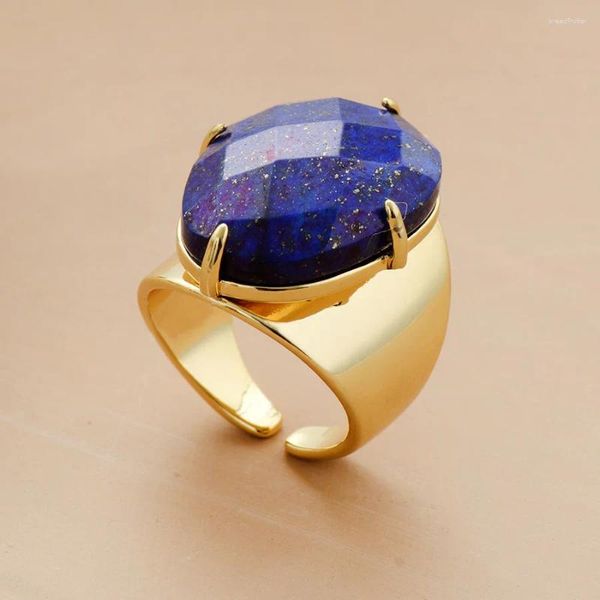 Anillos de racimo Piedra grande Joyería de alta calidad Moda Chapado en oro Lapis Lazuli Anillo de fiesta de lujo Tamaño 7