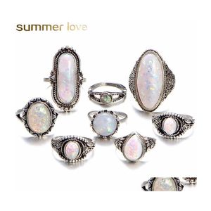 Cluster ringen grote vintage opaal 8 pc's knokkel ring set voor dames sliver kleur geometrisch patroon bohemian stijl mode sieraden drop de dhzie