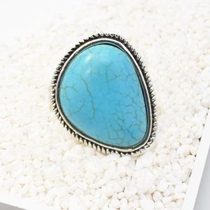 Bagues de cluster Big Vintage Turquoises pour femmes hommes Gypsy Ribal Tibet Vert Pierre Ovale Géométrique Bague Réglable Bohème Bijoux