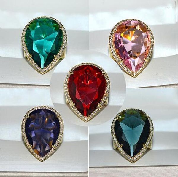 Cluster anneaux grande goutte d'eau Zircon pierre violet rose rouge vert or bague pour femmes mariage fiançailles mode bijoux 2023