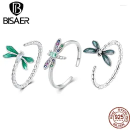 Clusterringen Bisaer 925 Sterling Silver Dragonfly Open Ring Insect Animal Verstelbare band Plated White Gold For Women Party Fine Jewelry