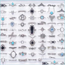 Cluster Ringen Bk 100 Stuks Veel Bohemen Kristal Vintage Ringen Mix Grootte Antieke Sier Etnische Vrouwen Mode Charme Sieraden Geschenken Vinger A290h