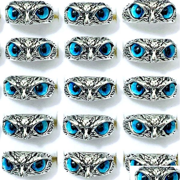 Cluster Rings Bk Lots 30Pcs Blue Eye Owl Vintage Rétro Punk Gothique Rock Femmes Hommes Cool Biker Party Cadeaux Bijoux Drop Deliver Dhgarden Dhxoc