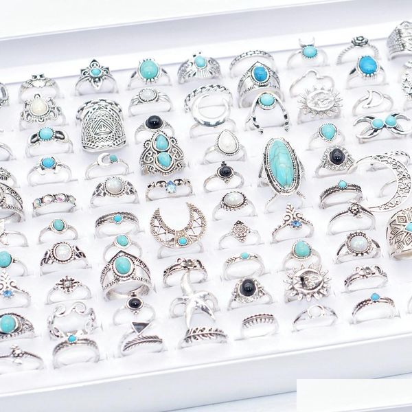 Bagues de cluster BK Lots 50pcs Antique Sier Bohême Naturel Pin Pierre Vintage Turquoise Pour Femmes Mode Tribu Ethnique Antique Bijoux Dhtk4