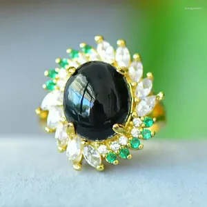 Cluster Ringen Zwarte Jade Ring Met Zirkoon Smaragd Echte Chinese Nefriet Tian Jades Natuursteen Band Vrouwen Fijne Sieraden Accessorie