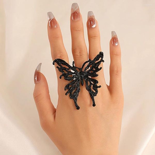 Anillos de racimo Metal negro exagerado anillo de mariposa grande punk ajustable delicado insecto fiesta mujeres 2024 tendencia de verano