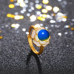 Clusterringen Blue Amber Flower Talismans 925 Zilveren geschenken Natuurlijke charme edelstenen sieraden lanpo gesneden echte zirkoon verstelbare ring