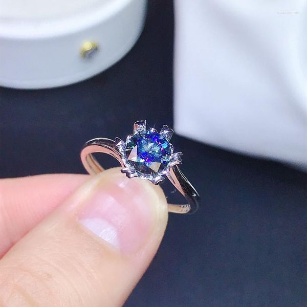 Anillos de racimo Anillo de diseño de personalidad de Moissanite colorido azul Plata de ley 925 Hermoso color brillante 1 diamante D VVS1